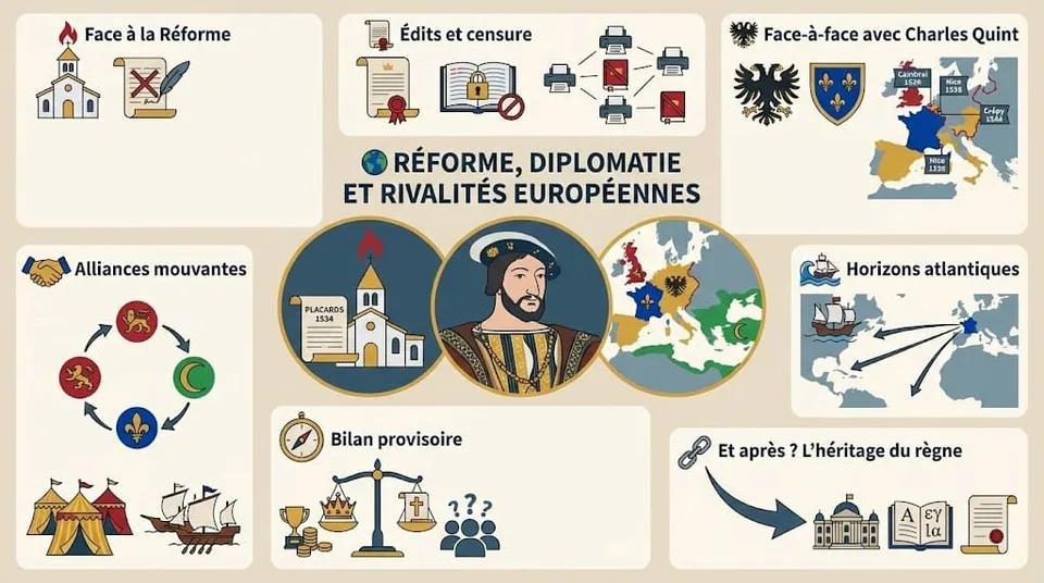 Infographie présentant la politique religieuse de François Ier face à la Réforme, l’affaire des Placards, la rivalité avec Charles Quint, les alliances avec l’Angleterre et l’Empire ottoman, ainsi que les nouveaux horizons atlantiques.