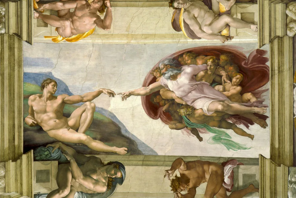 Fresque de Michel-Ange représentant Dieu donnant la vie à Adam, Chapelle Sixtine, Renaissance italienne.