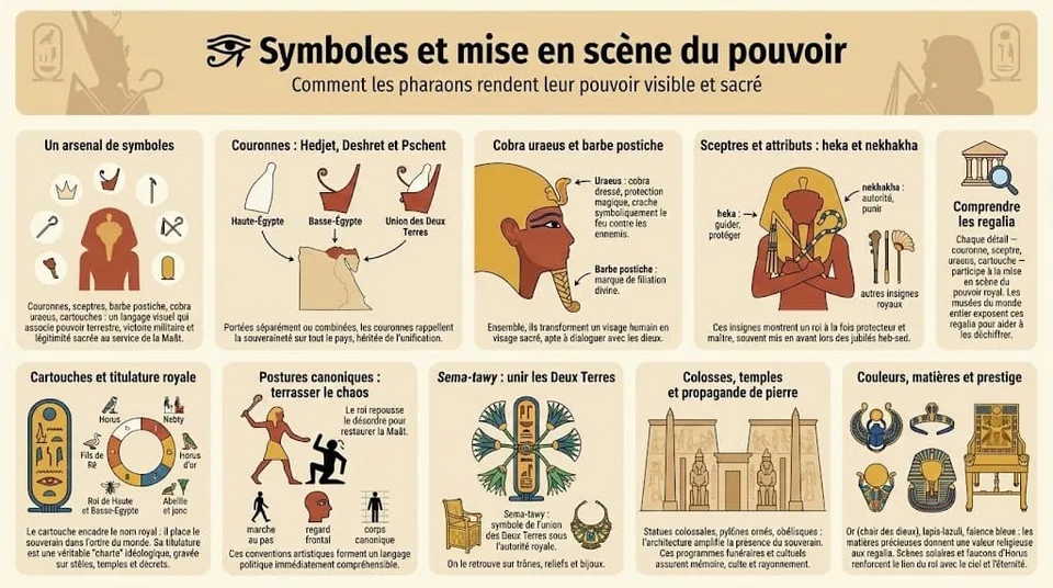 Infographie détaillant les principaux symboles du pouvoir pharaonique (couronnes Hedjet, Deshret et Pschent, cobra uraeus, barbe postiche, sceptres heka et nekhakha, cartouches, sema-tawy et scènes du roi qui terrasse le chaos).