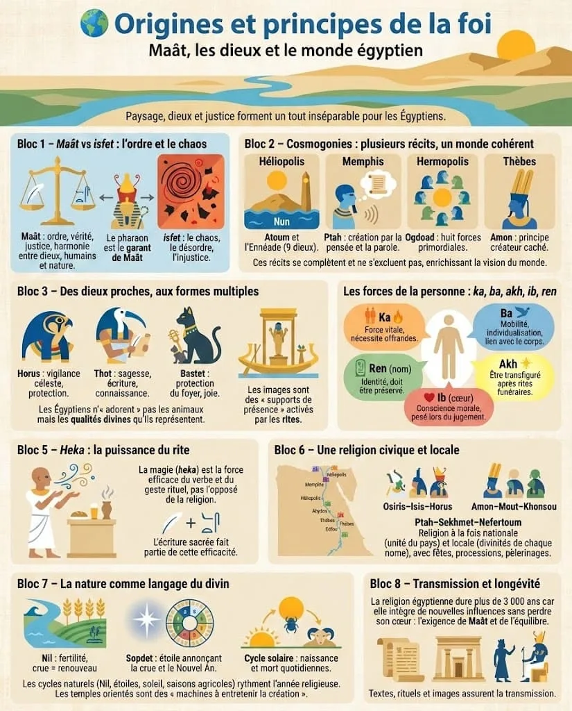 Infographie pédagogique présentant les origines et les grands principes de la religion égyptienne antique : Maùt, cosmogonies locales, forces vitales (ka, ba, akh), heka et lien entre Nil, dieux et pouvoir royal.