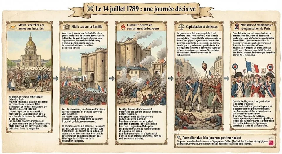 Infographie séquentielle montrant le déroulement heure par heure du 14 juillet 1789 : la recherche d'armes aux Invalides le matin, le siÚge et l'assaut de la forteresse de la Bastille, la capitulation du gouverneur de Launay et les premiÚres conséquences politiques.