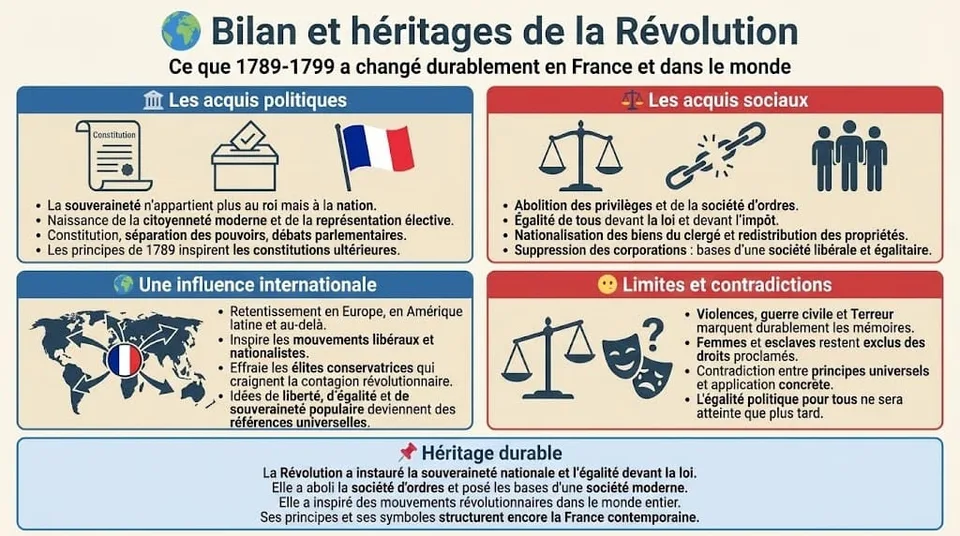 Infographie de synthèse sur les dix ans de Révolution (1789-1799). Elle résume les acquis politiques (souveraineté nationale), sociaux (égalité civile), l'influence internationale, ainsi que les limites et contradictions (violence, exclusions) de cette période fondatrice.