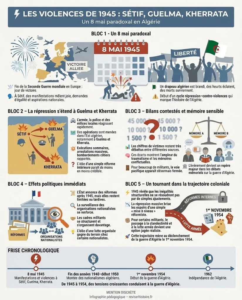 Infographie retraçant les Ă©vĂ©nements du 8 mai 1945 Ă SĂ©tif, Guelma et Kherrata, les manifestations, la rĂ©pression, les bilans contestĂ©s et lâimpact de ces violences sur la radicalisation qui mĂšne Ă la guerre dâAlgĂ©rie.