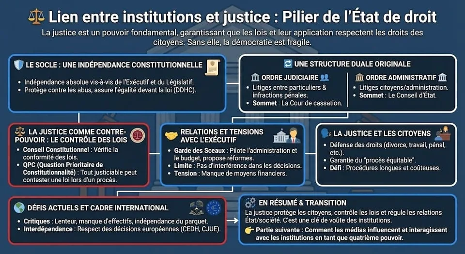 Infographie expliquant le systĂšme judiciaire français. Elle montre l'indĂ©pendance de la justice, la dualitĂ© entre ordre judiciaire (Cour de cassation) et ordre administratif (Conseil d'Ătat), et le lien avec les citoyens.