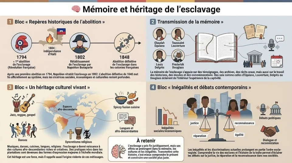 Infographie retraçant les repères de l’abolition de l’esclavage, le rôle des témoignages et des lieux de mémoire, ainsi que l’héritage culturel, social et politique de l’esclavage dans les cultures afro-descendantes et les débats actuels sur justice et reconnaissance.