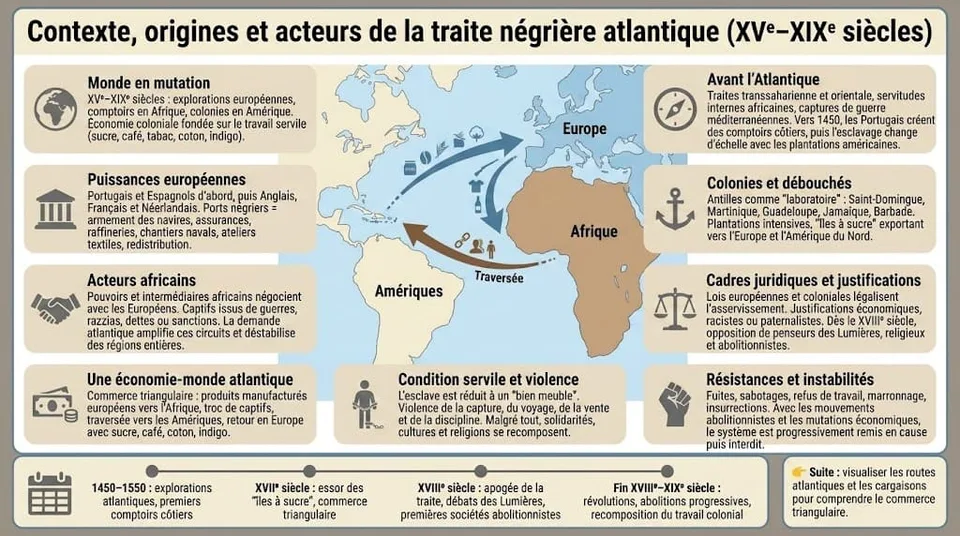 Infographie pédagogique présentant le contexte, les origines et les principaux acteurs de la traite négrière atlantique entre le XVe et le XIXe siècle, des puissances européennes aux ports africains et colonies américaines.