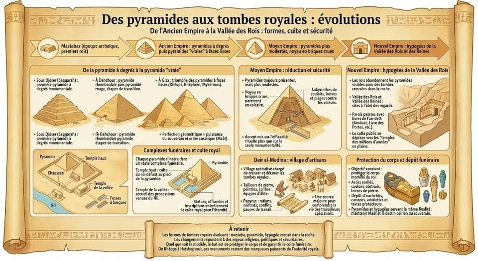 Infographie retraçant l’évolution des sépultures royales en Égypte antique, des mastabas et pyramides monumentales de l’Ancien Empire aux pyramides en briques du Moyen Empire, puis aux hypogées creusés de la Vallée des Rois, avec leurs enjeux religieux et sécuritaires.