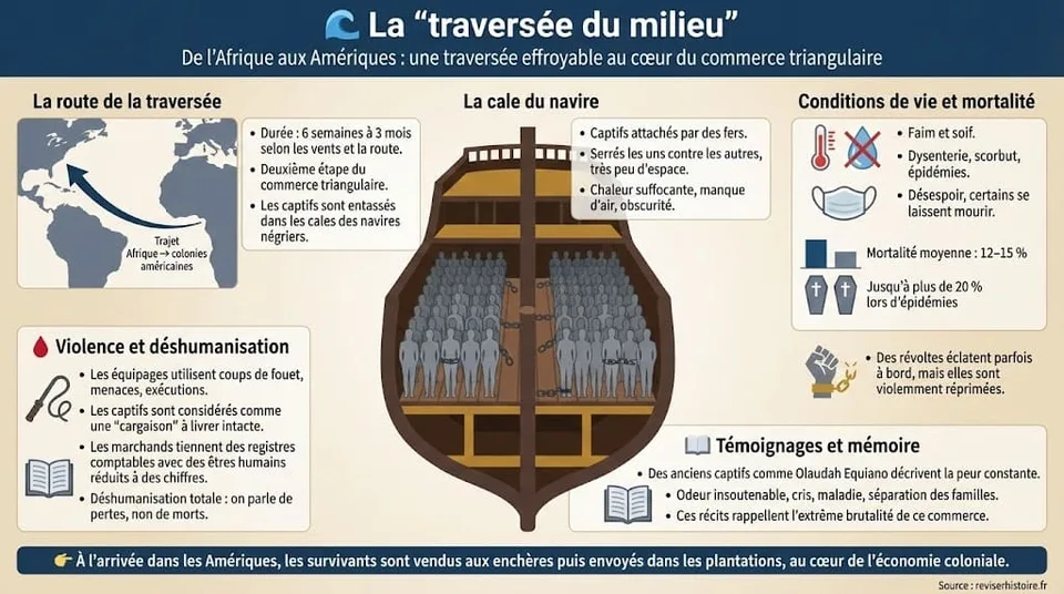 Infographie représentant la traversée du milieu entre l’Afrique et les Amériques, avec un navire négrier, la disposition des captifs dans la cale, les conditions de voyage et les taux de mortalité.