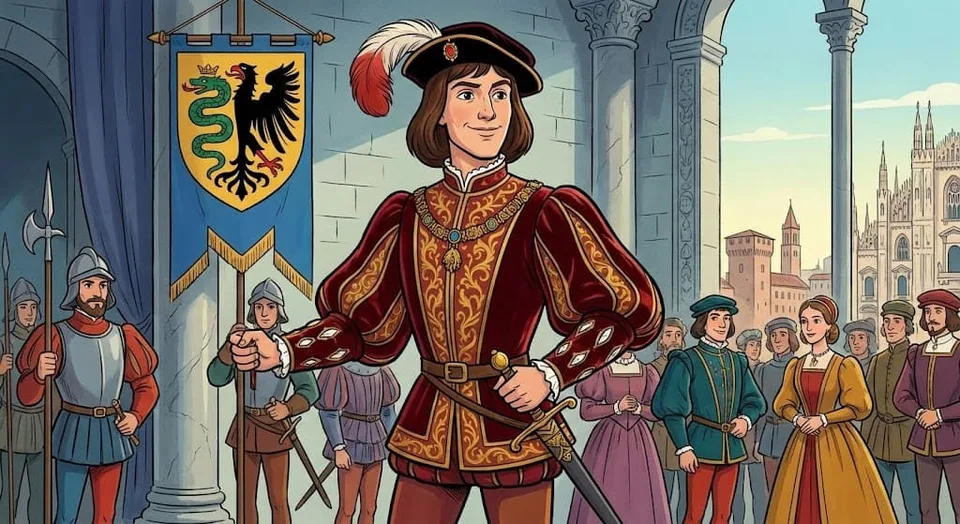 Illustration dans un style dessin animé représentant Maximilien Sforza en riche costume d'époque Renaissance italienne, portant une toque à plume.