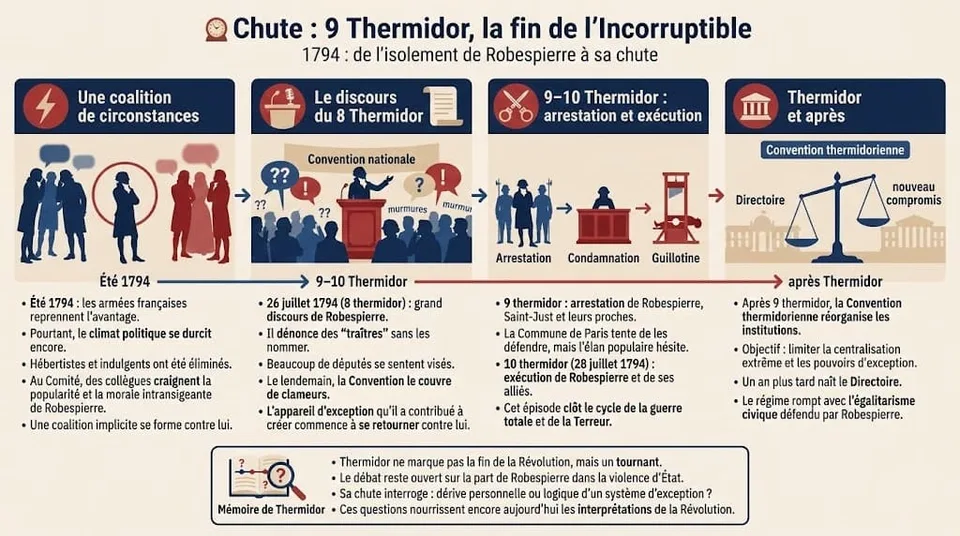 Infographie expliquant la chute de Robespierre en 1794, de la coalition de ses adversaires et du discours du 8 thermidor à son arrestation, son exécution le 10 thermidor et les conséquences politiques de la réaction thermidorienne.