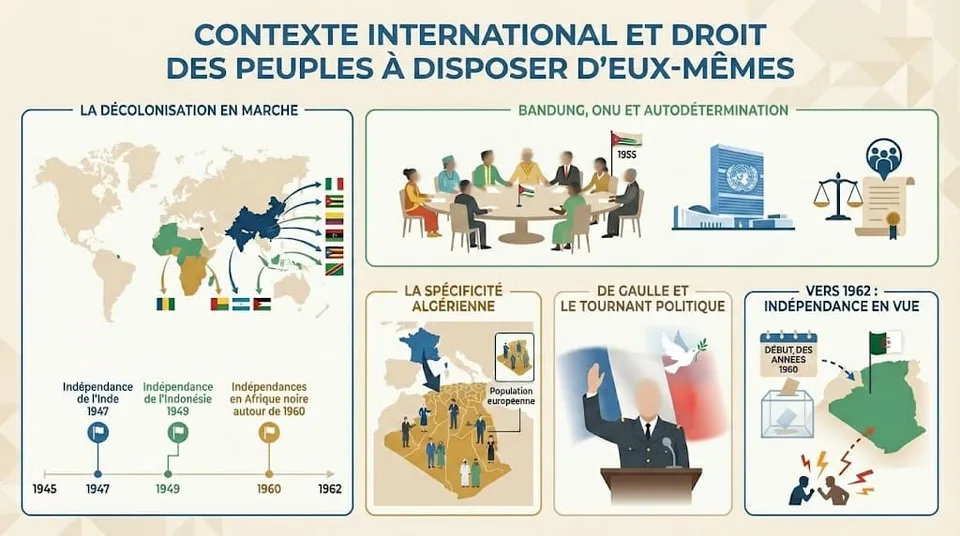 Infographie expliquant le contexte international de la dĂ©colonisation dans les annĂ©es 1950-1960, la confĂ©rence de Bandung, le rĂŽle de lâONU et le droit des peuples Ă disposer dâeux-mĂȘmes, replacĂ©s dans lâindĂ©pendance de lâAlgĂ©rie en 1962.