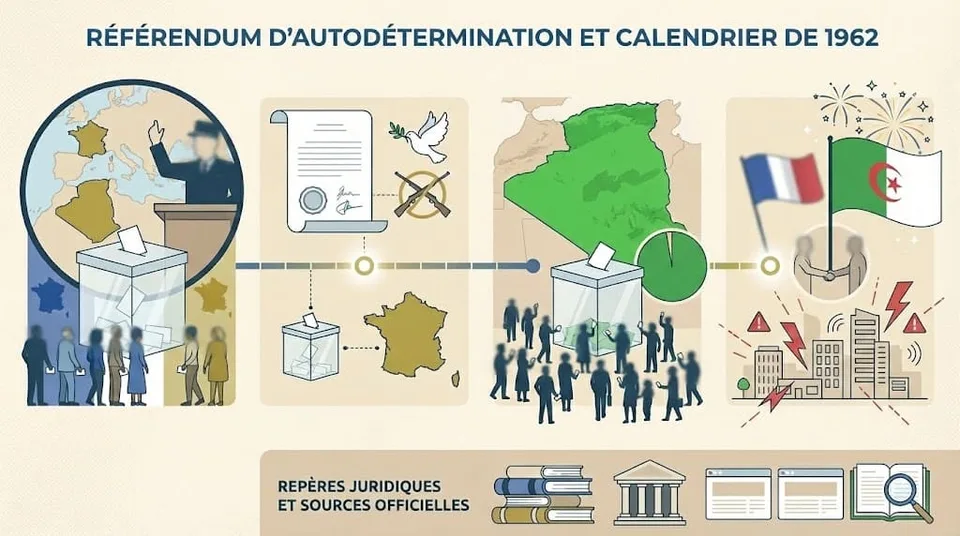 Infographie en forme de frise chronologique illustrant les rĂ©fĂ©rendums de 1961 et 1962, le cessez-le-feu du 19 mars et les principales Ă©tapes politiques menant Ă lâindĂ©pendance de lâAlgĂ©rie entre avril et juillet 1962.