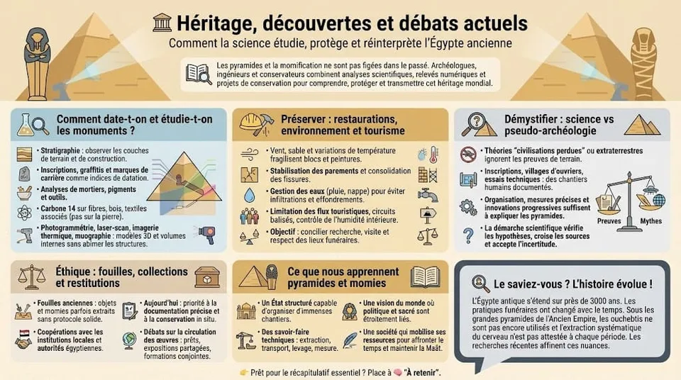 Infographie expliquant comment les pyramides et les momies sont étudiées aujourd’hui grâce aux datations, aux relevés 3D et aux scans, les enjeux de conservation face au climat et au tourisme, la distinction entre archéologie scientifique et pseudo-archéologie, ainsi que les débats éthiques sur les fouilles et les restitutions.