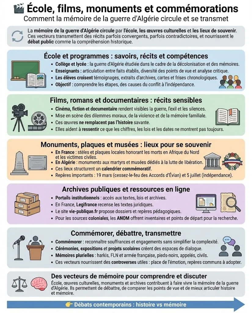 Infographie montrant comment la mĂ©moire de la guerre dâAlgĂ©rie circule par lâĂ©cole, les films, les romans, les documentaires, les monuments et les cĂ©rĂ©monies commĂ©moratives en France et en AlgĂ©rie.