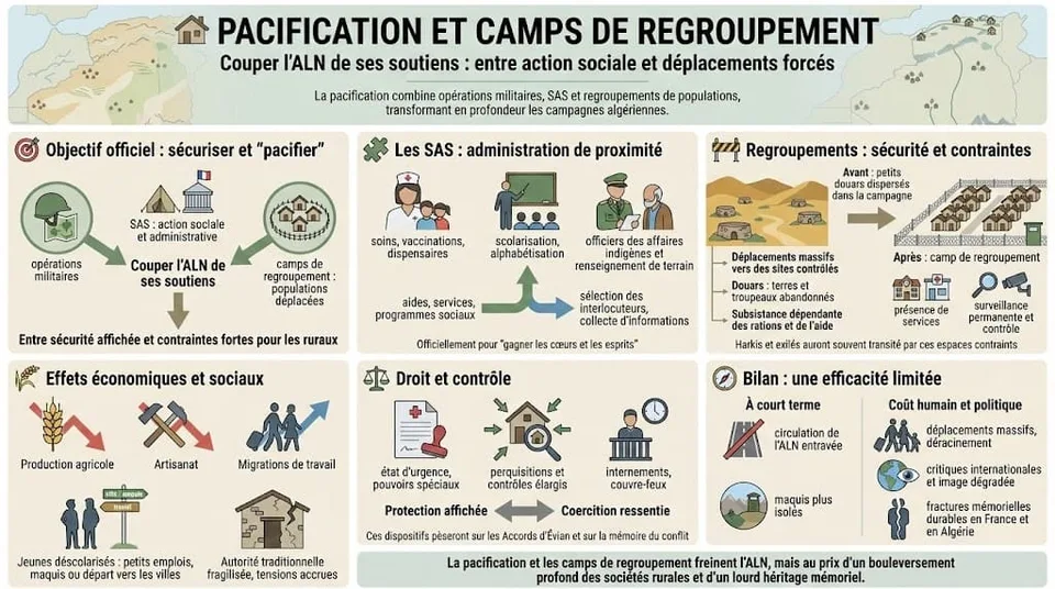 Infographie présentant la politique de pacification, le rÎle des SAS, les déplacements forcés dans les camps de regroupement et leurs effets sociaux et économiques.