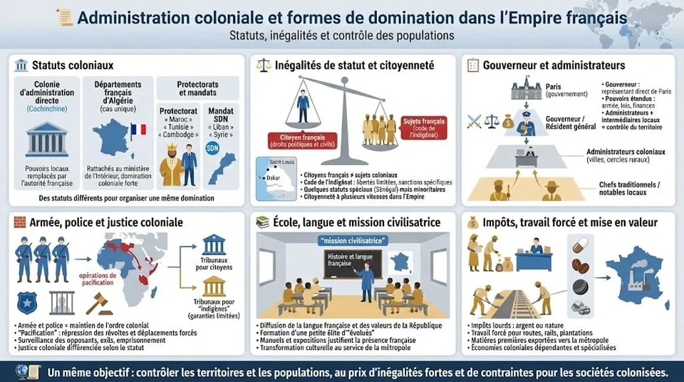 Infographie expliquant l’organisation de l’Empire colonial français, les différents statuts (colonie, protectorat, mandat) et le rôle du gouverneur, des administrateurs et des chefs locaux dans la domination politique.