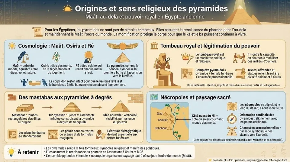 Infographie expliquant les origines et le sens religieux des pyramides en Égypte antique, avec la Maât, Osiris et Rê, le rôle du tombeau royal, le lien avec le benben, ainsi que l’organisation des nécropoles à l’ouest du Nil.