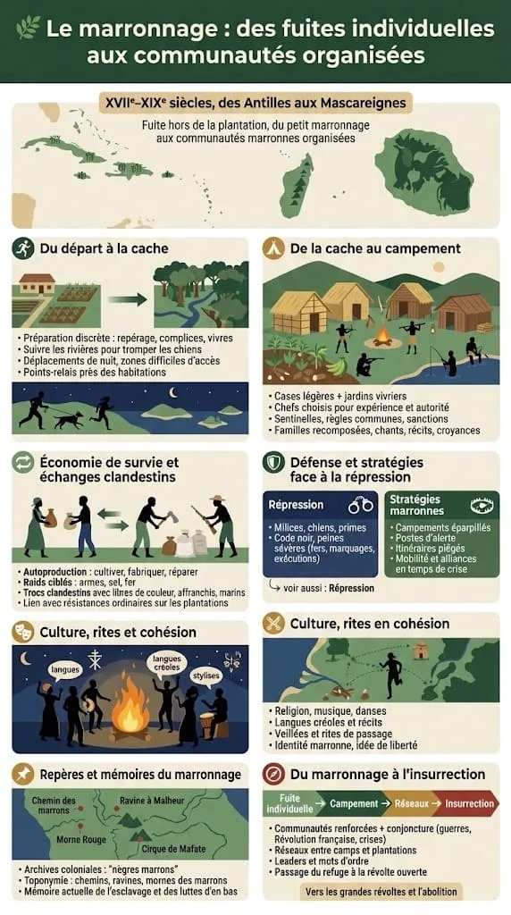 Infographie expliquant les diffĂ©rentes formes de marronnage, du petit marronnage aux grands campements marrons, avec schĂ©mas de fuites hors des plantations, caches en forĂȘt et naissance de communautĂ©s organisĂ©es dans les hauteurs.