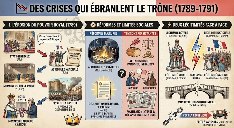 Infographie chronologique montrant l'érosion du pouvoir royal entre 1789 et 1791 : États généraux, prise de la Bastille, réformes de l'Assemblée nationale, opposition entre légitimité royale et nationale, et fuite à Varennes.