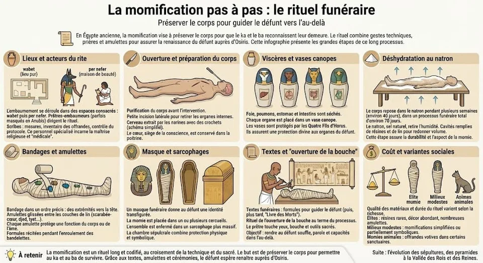 Infographie présentant pas à pas la momification en Égypte antique, de l’embaumement et du retrait des viscères au séjour dans le natron, aux bandages, aux amulettes protectrices et au rituel de l’ouverture de la bouche, avec variantes sociales.