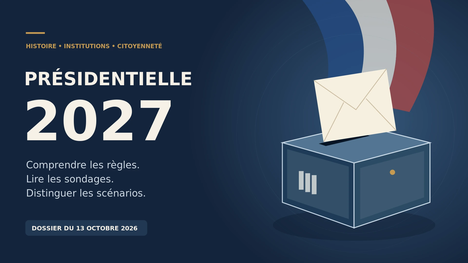 Couverture éditoriale : une urne et une enveloppe, avec le titre Présidentielle 2027.