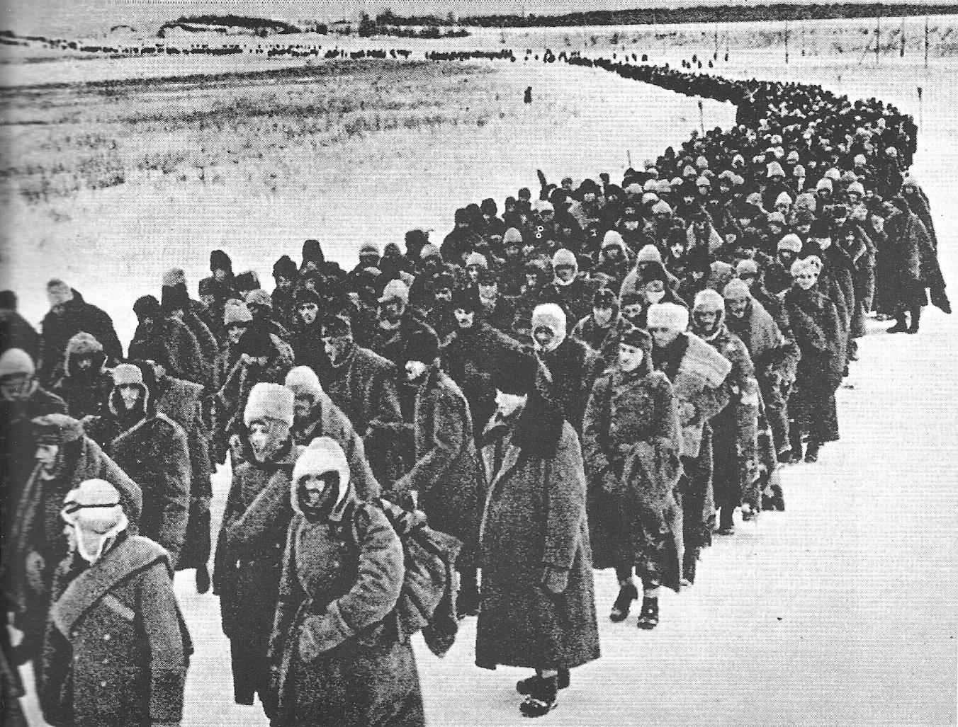 Colonne de prisonniers de guerre allemands, italiens, roumains et hongrois en 1943, capturés sur le front de l’Est.