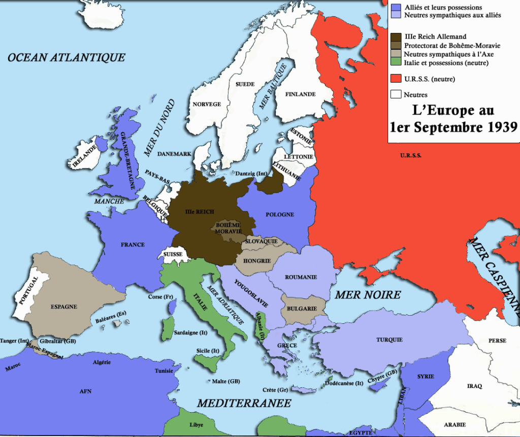 Carte politique de l’Europe en 1939 montrant les blocs en présence au début de la Seconde Guerre mondiale