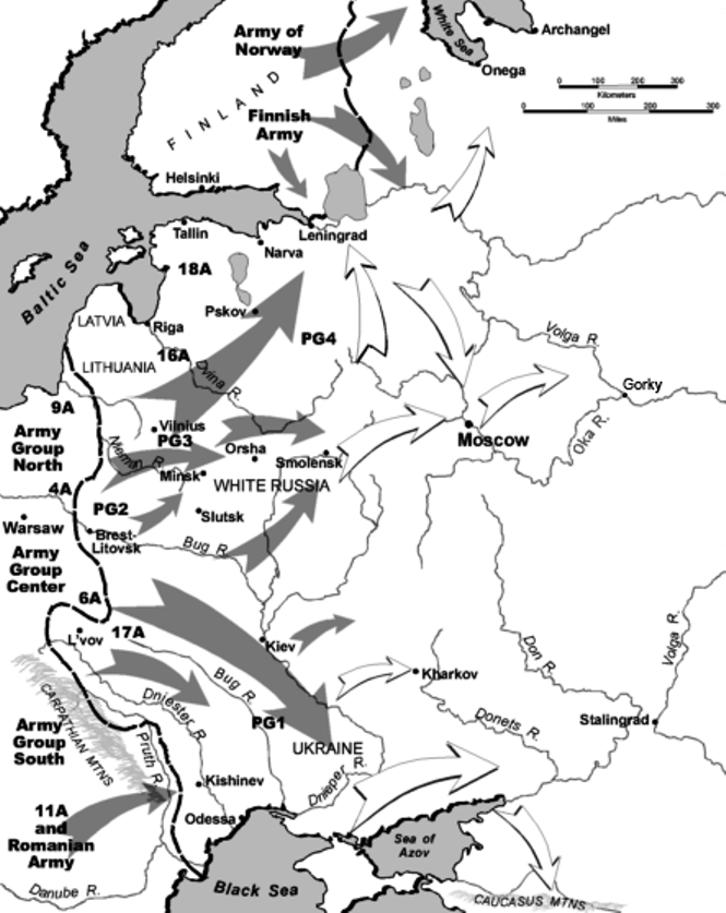 Carte de l’opération Barbarossa montrant l’avancée des troupes allemandes en URSS en 1941.