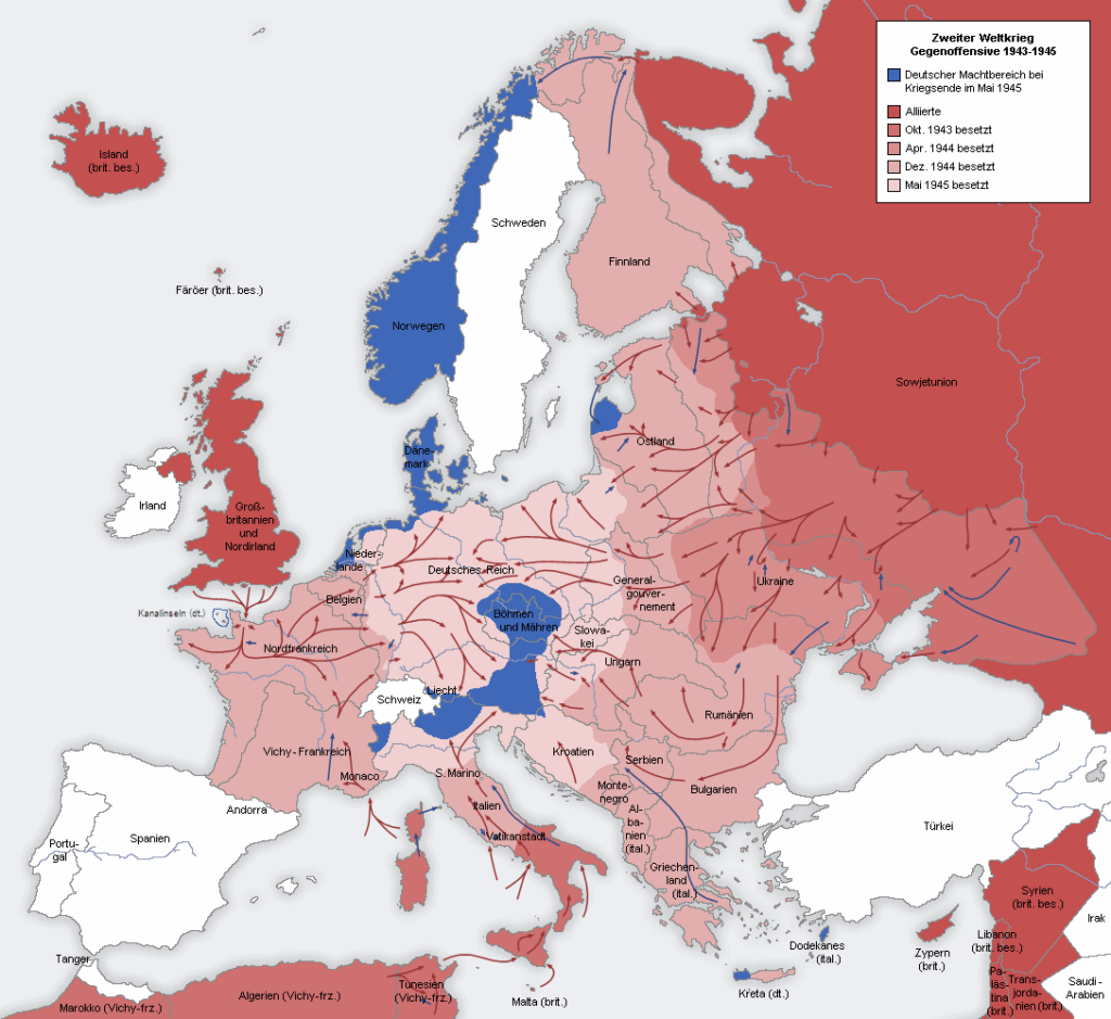 Carte de la situation militaire en Europe en 1943, montrant les zones occupées et les fronts actifs pendant la Seconde Guerre mondiale.