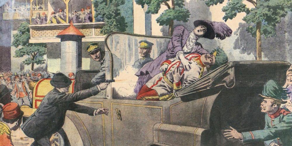 dessin représentant assassinat de l’archiduc François-Ferdinand et de sa femme