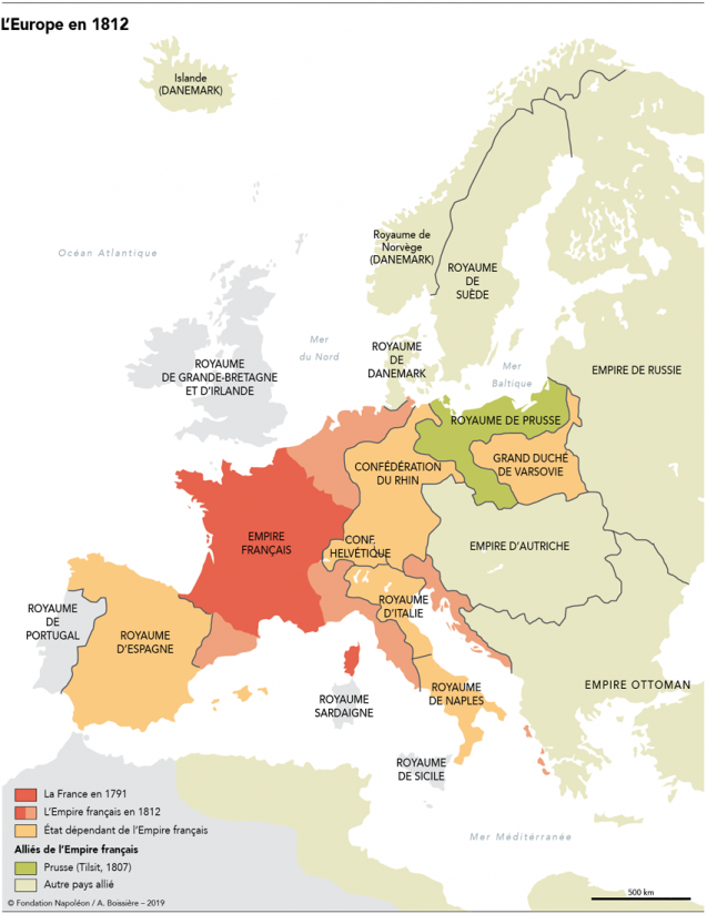 Carte de l’Europe en 1812 montrant l’étendue de l’Empire napoléonien