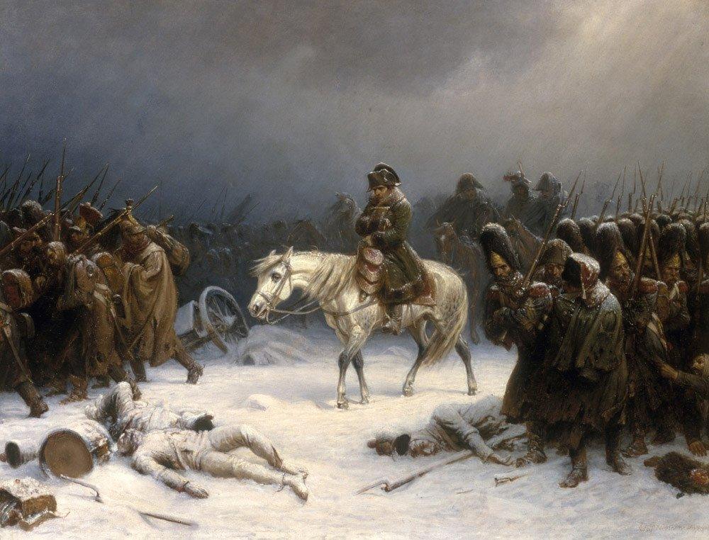 Représentation de Napoléon lors de la retraite tragique de Russie en 1812 : hiver glacial, famine et pertes massives dans la Grande Armée.