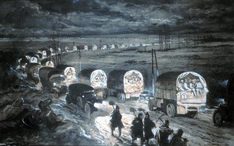 Camions de ravitaillement français sur la Voie sacrée en 1916 à Verdun
