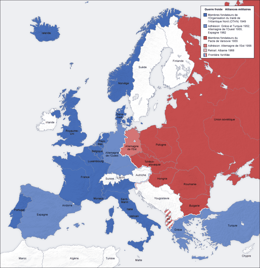 Carte montrant les alliances militaires en Europe pendant la Guerre froide entre l’OTAN et le Pacte de Varsovie