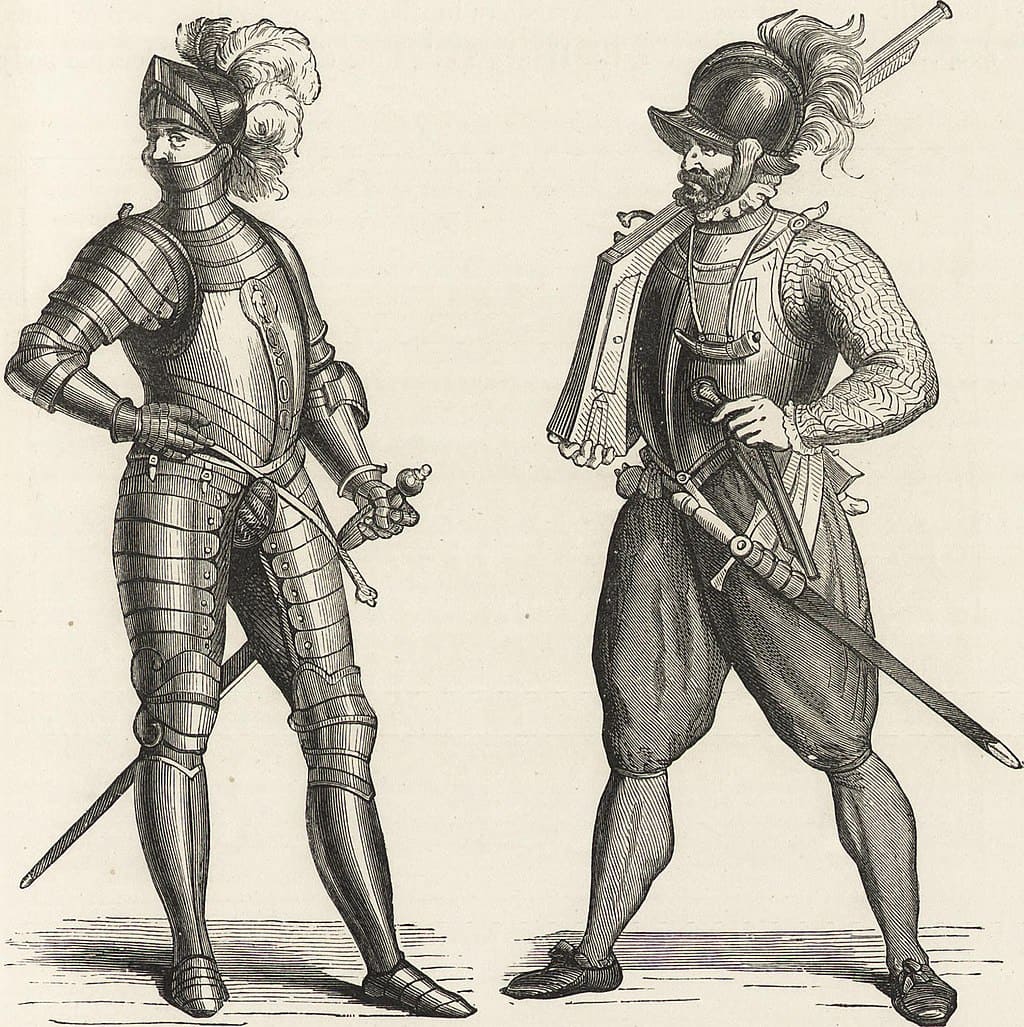 Gravure montrant un chevalier en armure complète et un soldat armé d’arquebuse