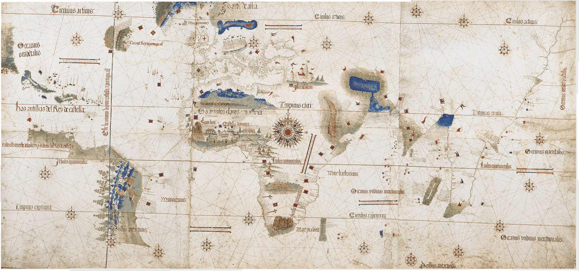 Planisphère Cantino, carte portugaise de 1502 montrant les terres découvertes à l’époque des grandes explorations.