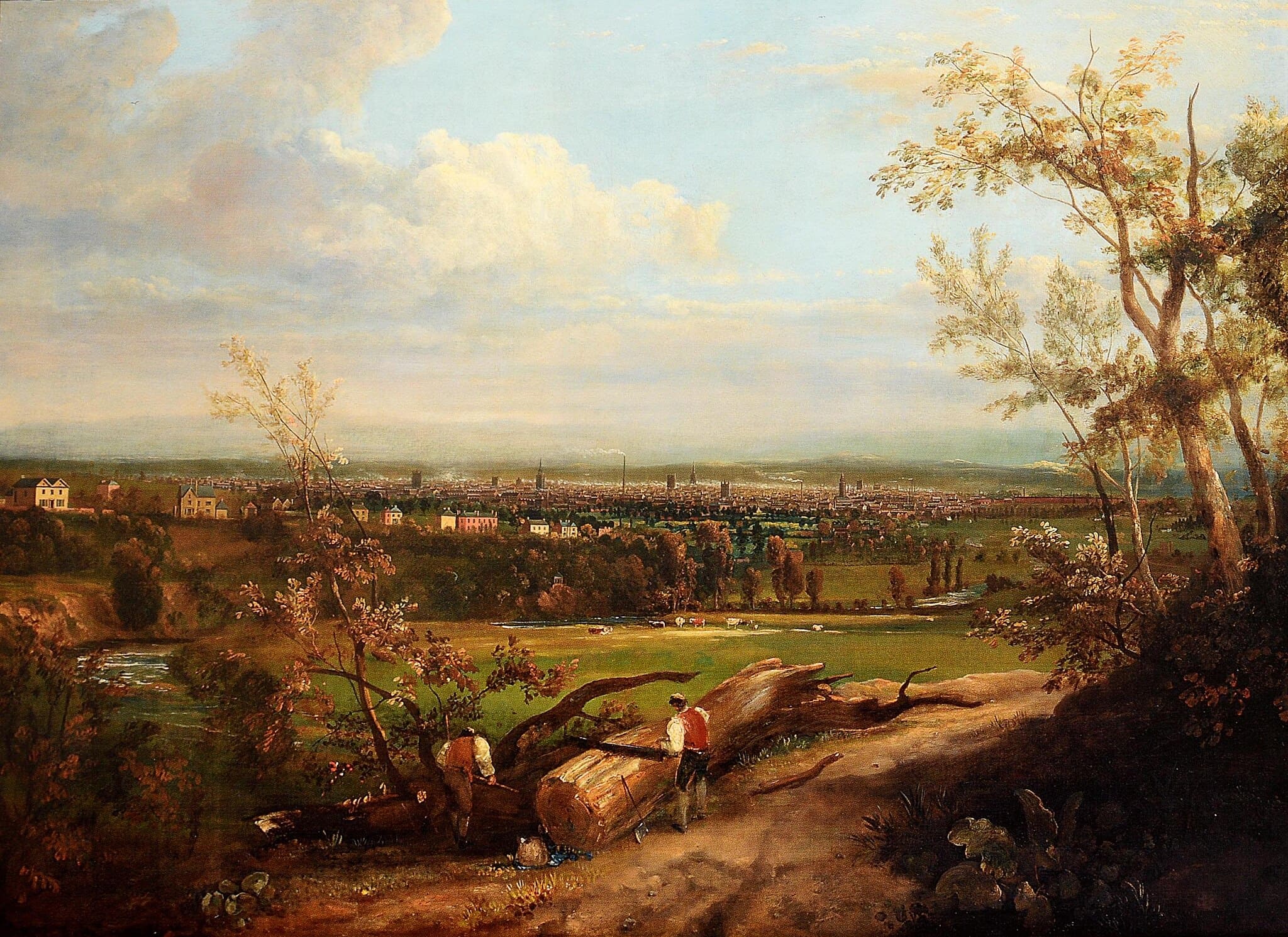 Vue ancienne de Manchester vers 1820, cheminées d’usines fumantes au loin
