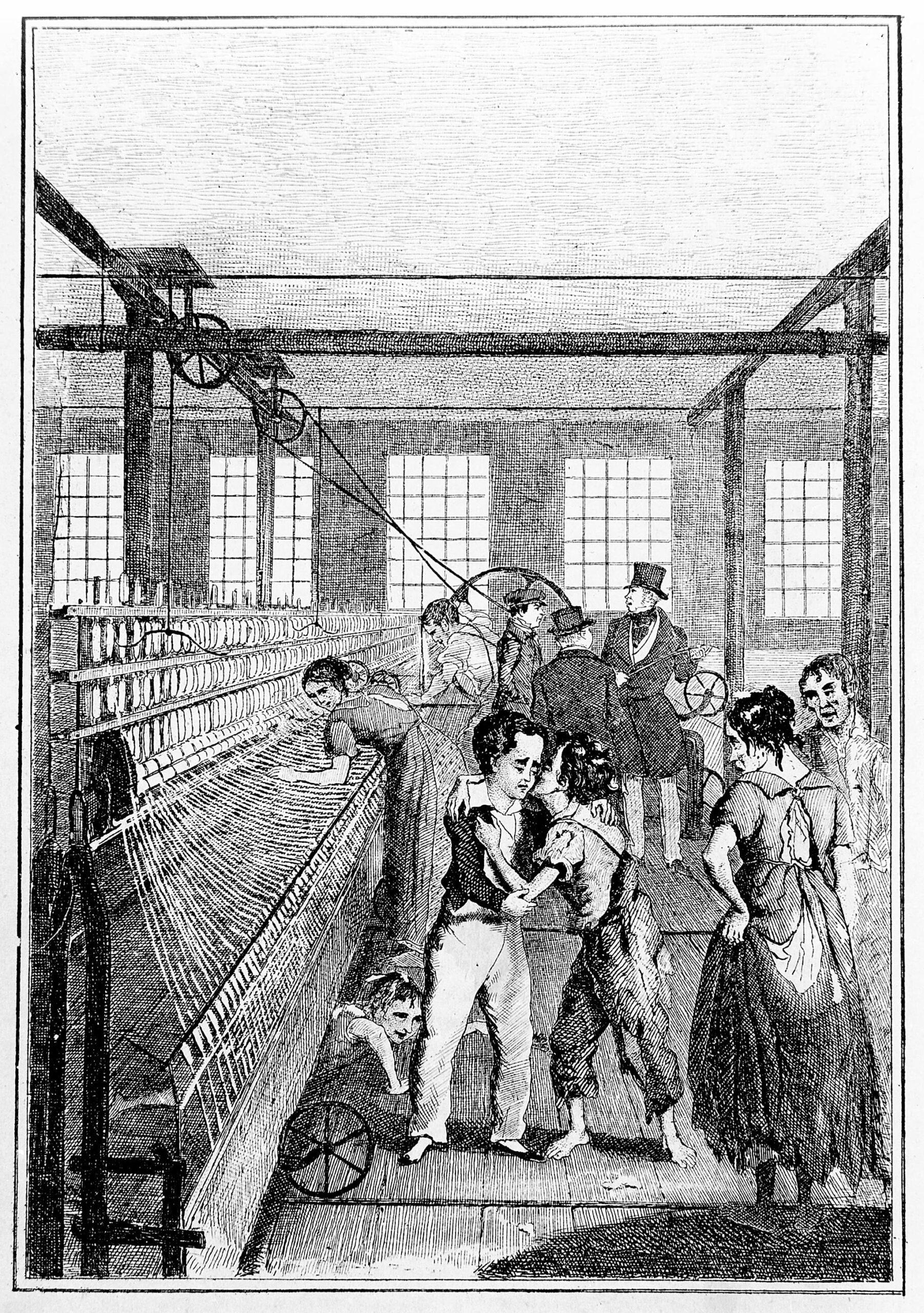 Enfants travaillant dans une usine de coton au XIXᵉ siècle autour de machines textiles