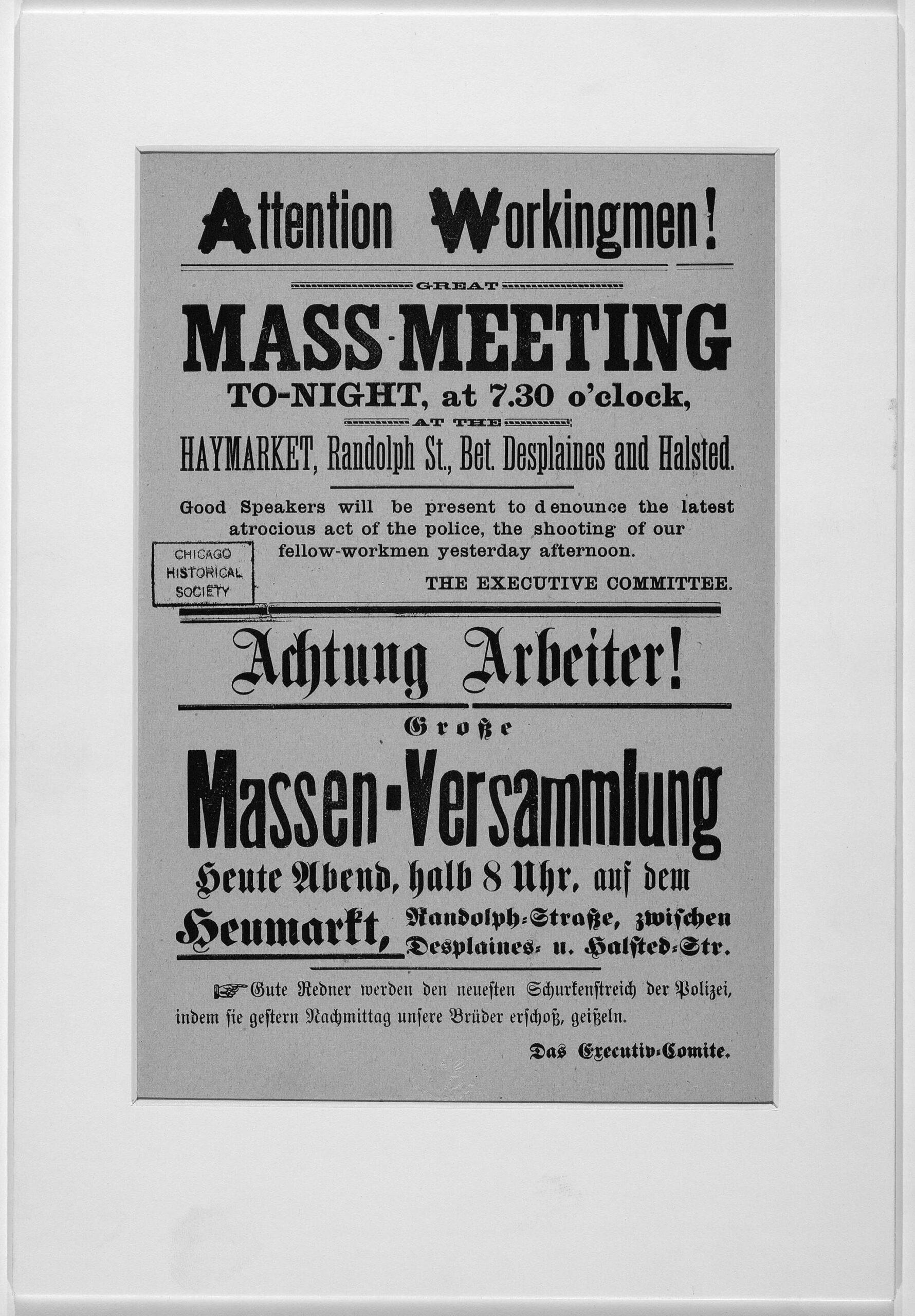 Pamphlet bilingue appelant à la grève à Chicago (1886)