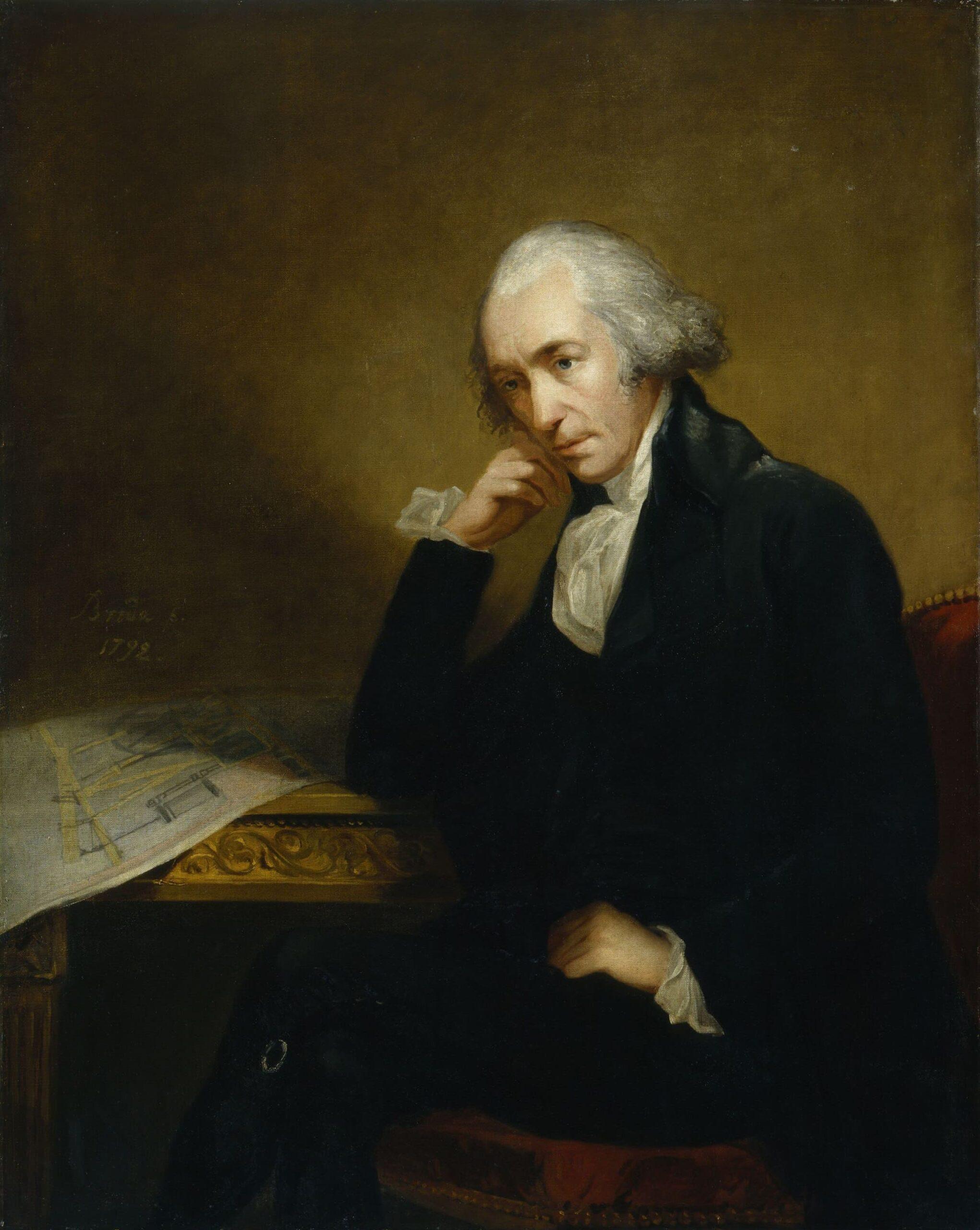 Portrait du scientifique James Watt assis, peinture de 1792