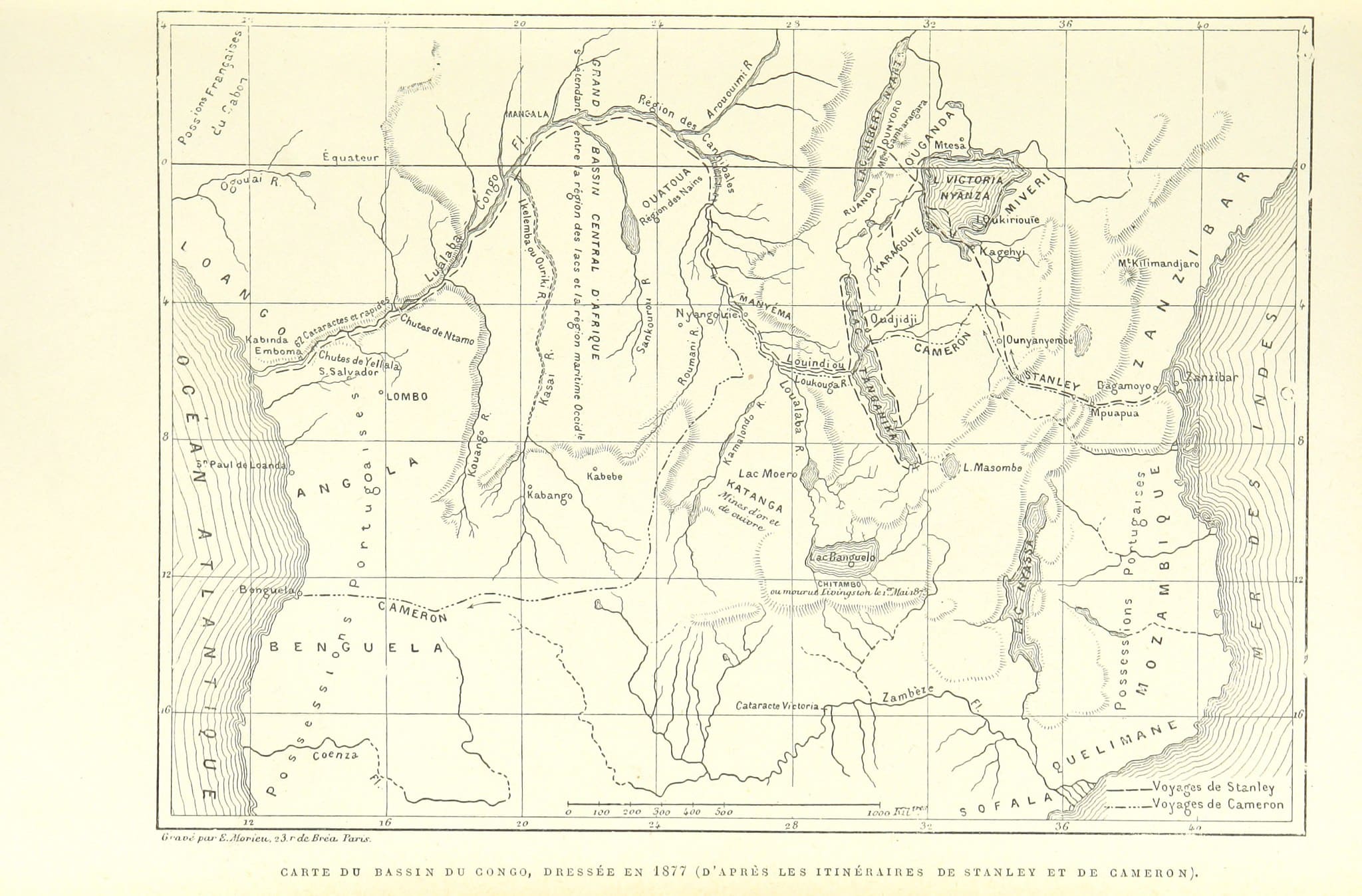 Carte d’itinéraires d’exploration en Afrique centrale extraite de l’ouvrage de 1887 sur les expéditions de Brazza