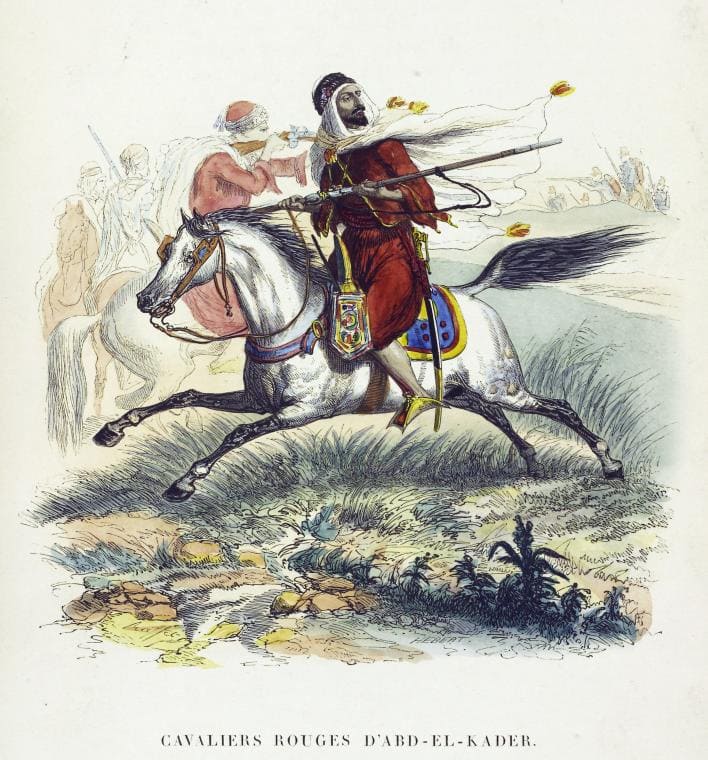 Gravure de cavaliers algériens liés à l’époque d’Abdelkader (années 1840)