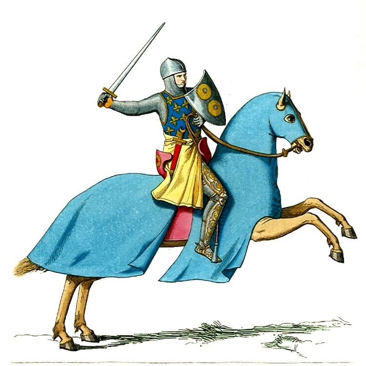 Chevalier médiéval en armure intégrale, monté sur un cheval caparaçonné, tenant une épée