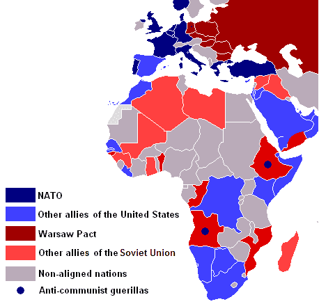 Carte de l’Afrique en 1980 montrant les alliances avec les États-Unis, l’URSS ou les pays non-alignés