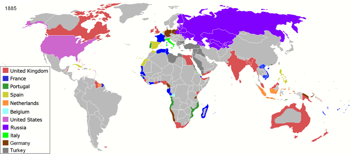 Révolution industrielle : carte du monde en 1885 montrant l’expansion des empires coloniaux européens