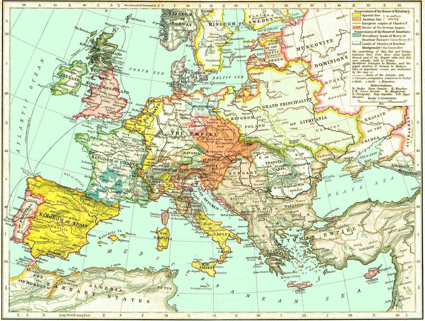Carte de l’Europe vers 1550 montrant les principaux royaumes et empires au temps de la Renaissance.
