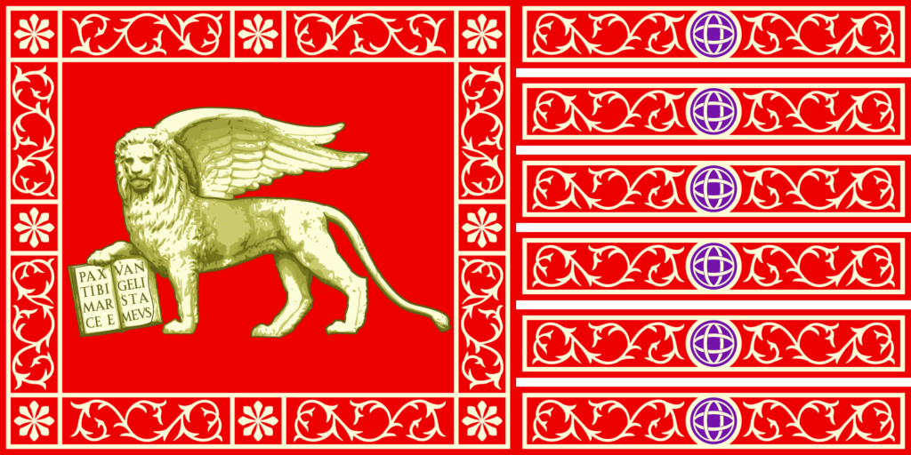 Drapeau de la République de Venise représentant le lion ailé de Saint‑Marc tenant un livre ouvert, sur fond rouge avec franges décoratives