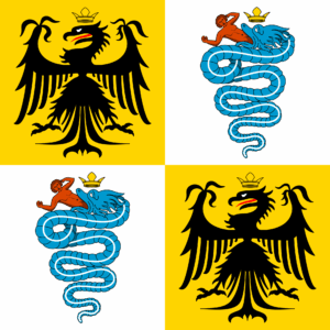 Drapeau du duché de Milan vers 1450, avec la croix rouge sur fond blanc et les armoiries de la famille Sforza