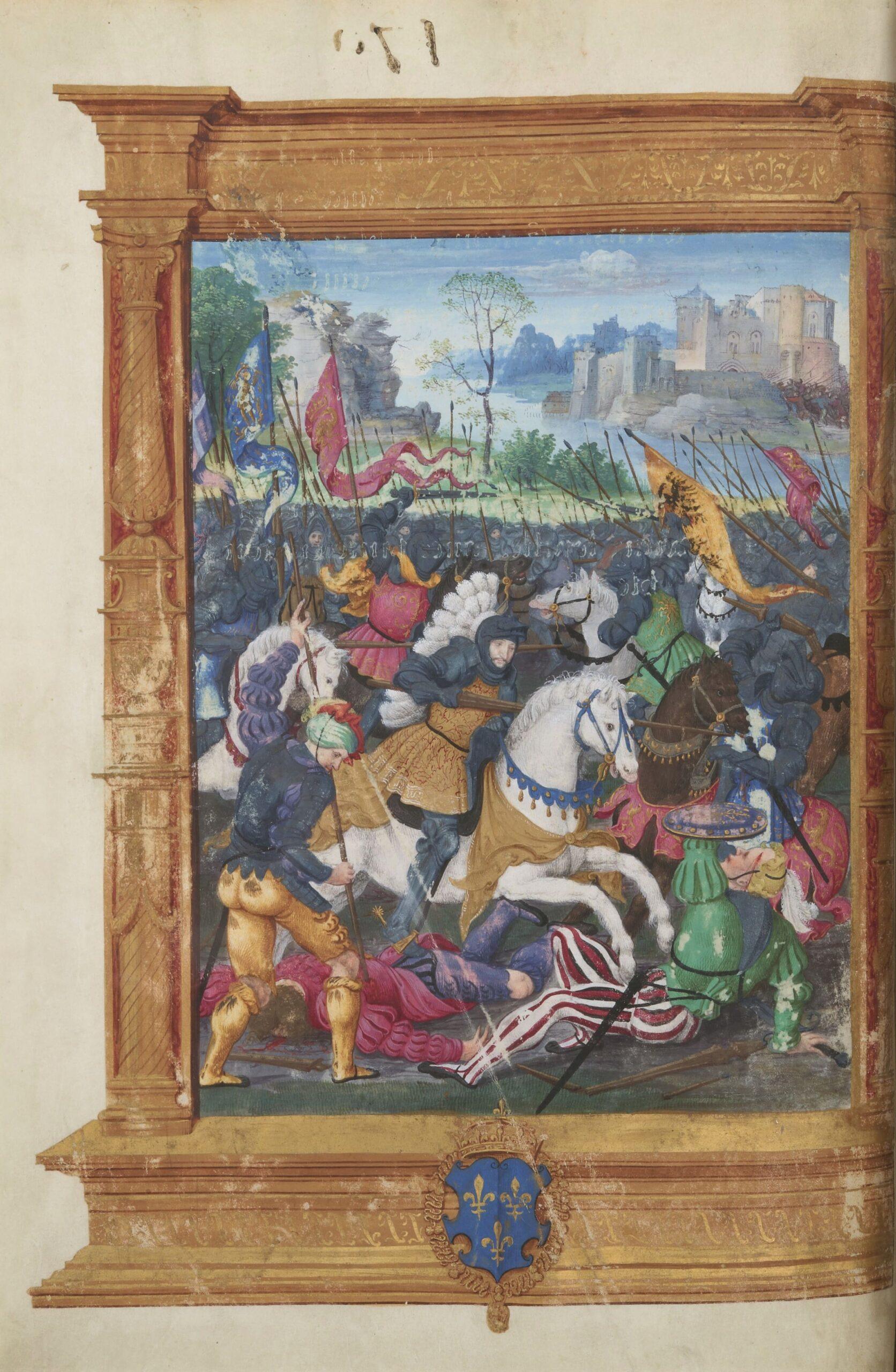 François I à la bataille de Marignan en septembre 1515, à la tête des gendarmes français face aux mercenaires suisses