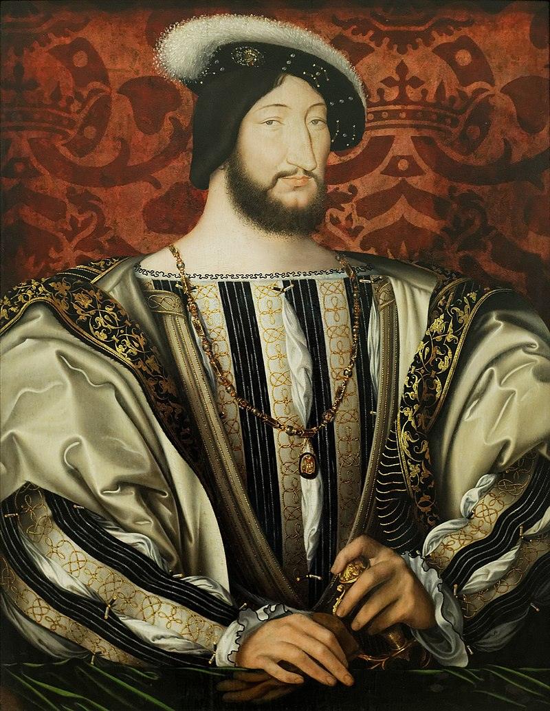 Portrait en buste de François Iᵉʳ, roi de France, portant un chapeau noir orné de bijoux et un vêtement richement décoré, œuvre exposée au musée du Louvre.